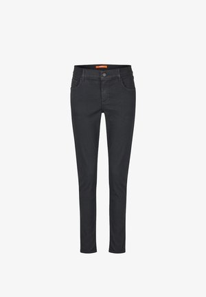 Fekete, rugalmas denim farmernadrág, slim fit szabással, öt zsebes dizájnnal, gombos záródással és kényelmes rugalmas derékkal.