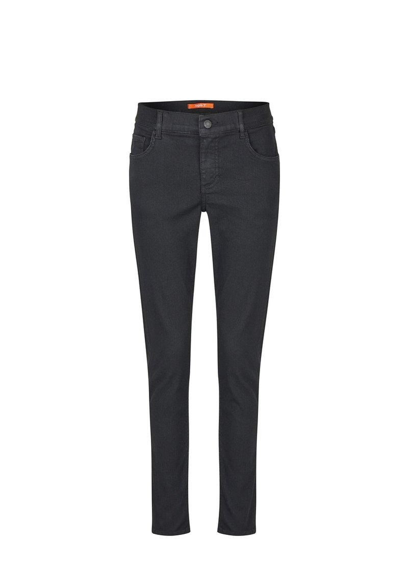 Mustad, veniv denim teksad, millel on kitsas lõige, viie-tasku disain, nööpkinnitus ja mugavuse tagamiseks elastne vöökoht.