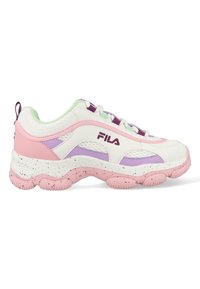 Witte, roze en paarse sneaker met mesh en synthetische materialen, chunky rubberen zool en Fila-logo. Heeft een gestructureerde textuur op de buitenzool.