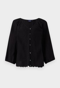 Black button-up blouse with three-quarter sleeves, V-neck, textured fabric, and floral embroidery along the front. Scalloped hem detail.