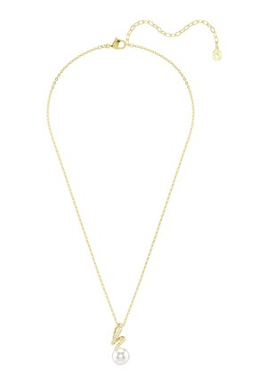 Goldene Halskette mit verstellbarem Verschluss, verziert mit einem einzelnen weißen Perlenanhänger, eingefasst in einer goldenen und mit Kristallen akzentuierten Schlaufe.
