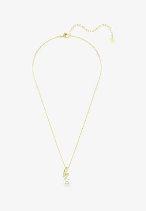 Collier chaîne en or avec fermoir ajustable, orné d’un pendentif unique en perle blanche serti dans une boucle dorée et rehaussée de cristaux.