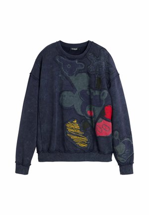 Tengerészkék pulóver fekete, piros és sárga absztrakt, hímzett állatalakzatokkal, bordázott mandzsettával és szegéllyel.