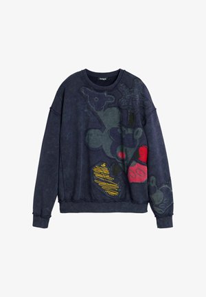 Tengerészkék pulóver fekete, piros és sárga absztrakt, hímzett állatalakzatokkal, bordázott mandzsettával és szegéllyel.