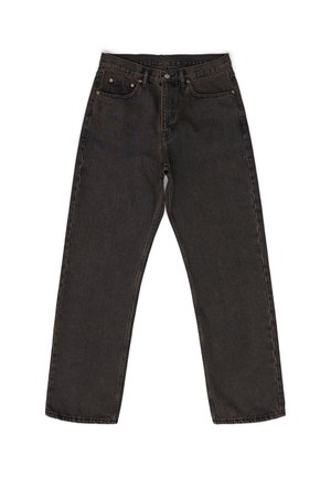 Jeans de denim gris oscuro con un corte holgado, que presentan un diseño de cinco bolsillos, detalles de costura y un cierre de botón en la cintura.