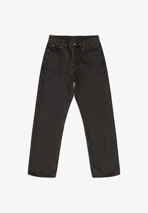 Ciemnoszare dżinsy o luźnym kroju, z pięcioma kieszeniami, przeszyciami i zapięciem na guzik w pasie.