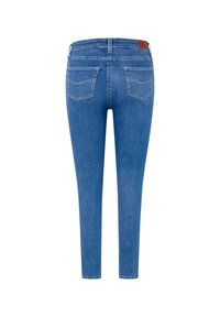 Jeans ajustados de mezclilla azul medio, con una cintura alta, dos bolsillos traseros con costuras decorativas y sin bolsillos frontales visibles.