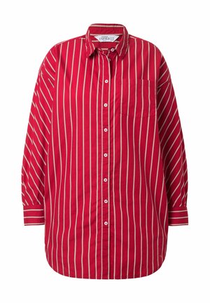 Rød skjorte med lange ærmer og knapper, hvide lodrette striber, enkelt brystlommer og en klassisk krave.
