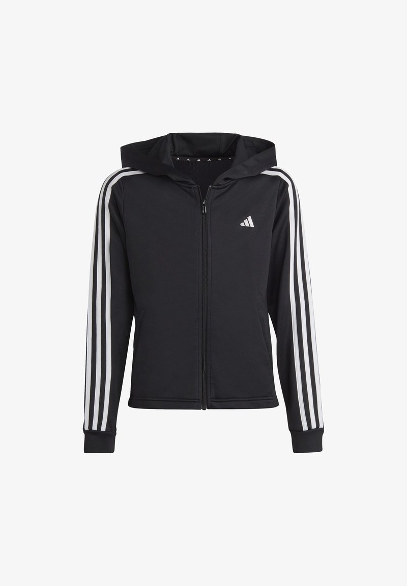 Black zip-up hoodie made of soft fabric, featuring white vertical stripes on sleeves and a hood, with a small logo on the chest.