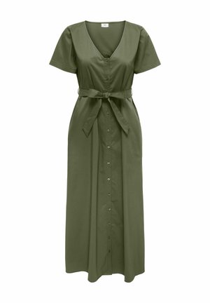 Olivengrøn midi-kjole med korte ærmer, V-hals, knapper foran og stofbælte, der er bundet i taljen.