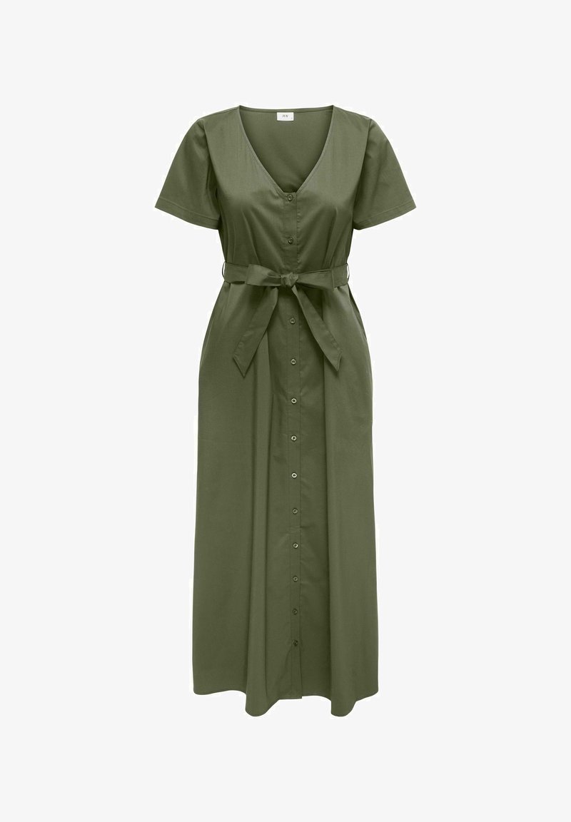 Vestido midi de manga corta en verde oliva con escote en V, botones delanteros y cinturón de tela anudado a la cintura.