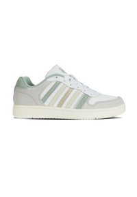 White and light grey sneaker with suede and mesh materials, featuring three light green stripes and a rubber sole. Brand logo on heel.