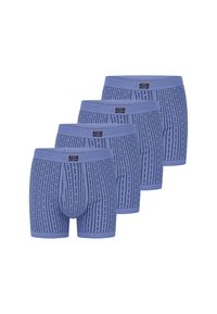 Quattro boxer blu con un motivo a pois neri verticale, disposti a strati sfalsati su uno sfondo bianco.