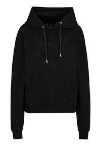 Schwarze Kapuzenjacke aus weichem Stoff, mit einer gro ßen Fronttasche, Kordeln mit metallischen Enden und dekorativem Strassschriftzug "1969 ITALIA."