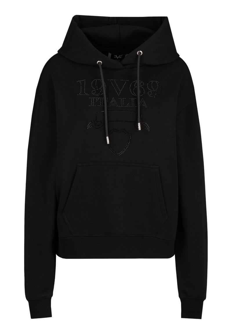 Schwarze Kapuzenjacke aus weichem Stoff, mit einer großen Fronttasche, Kordeln mit metallischen Enden und dekorativem Strassschriftzug "1969 ITALIA."
