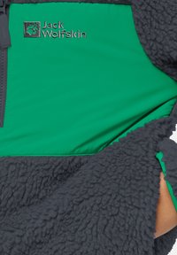 Polarowy pulower z górną częścią z zielonego nylonu i ciemnoszarego teksturowanego polaru. Do jego cech należy zamek błyskawiczny oraz wyszywane logo na klatce piersiowej.