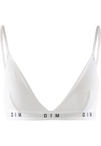 Sujeta sin blanca con una textura suave, copas triangulares y tirantes delgados ajustables. Presenta una banda elástica con marca y letras en negro.