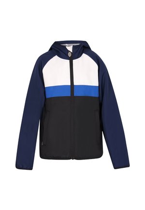 Veste à capuche à manches longues, blocs de couleurs bleu marine, blanc, bleu et noir, fermeture éclair frontale.