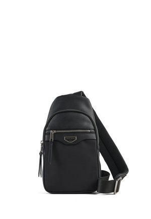 Borsa a tracolla nera con tasca anteriore con zip, tracolla imbottita regolabile e sezione superiore strutturata.