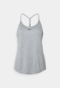 Gray athletic tank top with thin straps, featuring a scoop neckline and a black Nike logo on the chest. Smooth texture, rounded hem.