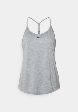 Gray athletic tank top with thin straps, featuring a scoop neckline and a black Nike logo on the chest. Smooth texture, rounded hem.