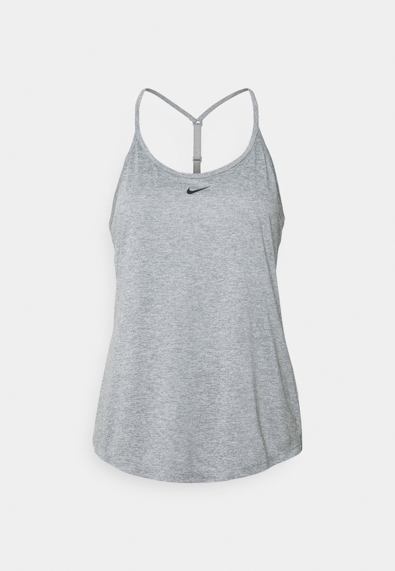 Gray athletic tank top with thin straps, featuring a scoop neckline and a black Nike logo on the chest. Smooth texture, rounded hem.