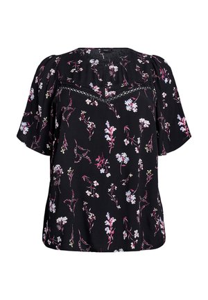 Blusa nera con fiori e maniche corte. Presenta fantasie floreali multicolori e un tessuto testurizzato con dettagli delicati lungo il collo.
