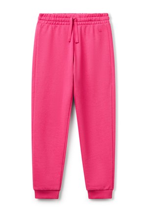 Bright pink sweatpants with elastic waistband, drawstring, side pockets, ribbed cuffs, and subtle logo on left hip.