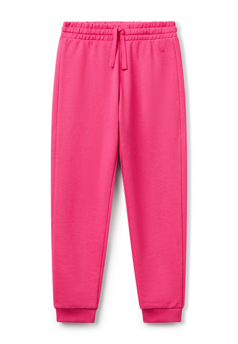 Světlé růžové tepláky s elastickým pasem, šňůrkou, bočními kapsami, žebrovanými manžety a nenápadným logem na levém boku.