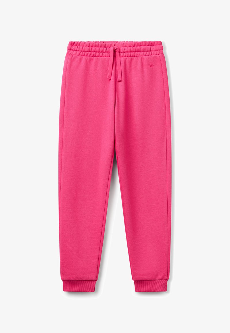 Světlé růžové tepláky s elastickým pasem, šňůrkou, bočními kapsami, žebrovanými manžety a nenápadným logem na levém boku.