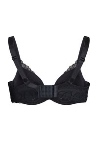 Reggiseno nero con dettagli in pizzo, spalline regolabili e chiusura a gancio e occhiello. Tessuto liscio con una fascia superiore semi-trasparente.