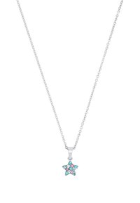 Collana in argento con pendente a stella decorato con gemme turchesi e rosa, che presenta una finitura lucida e un design delicato.