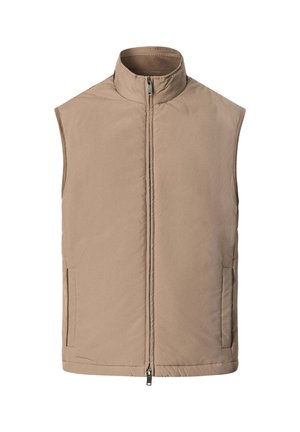 Beige sleeveless vest with high collar, front zipper closure, and two vertical side pockets, shown on a plain white background.