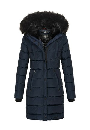 Marineblauer gepolsterter Mantel mit Kapuze aus Kunstfell, Reißverschluss und Knopfschluss, zwei Vordertaschen, elastischen Bündchen und gestepptem Design.