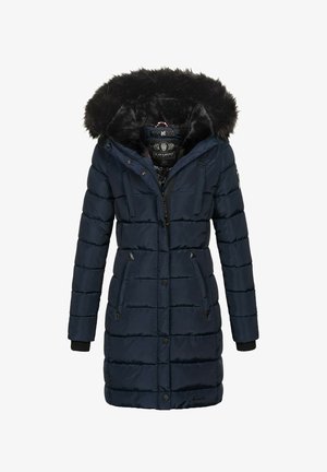 Marineblauer gepolsterter Mantel mit Kapuze aus Kunstfell, Reißverschluss und Knopfschluss, zwei Vordertaschen, elastischen Bündchen und gestepptem Design.