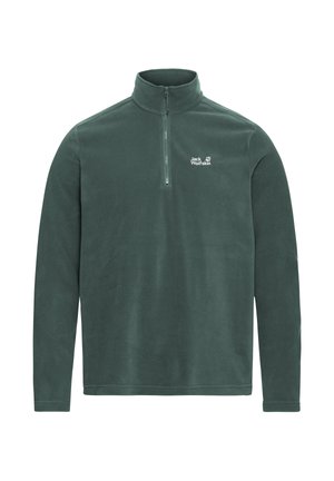 Fleece-Pullover in Dunkelgrün, mit einem Viertel-Reißverschluss am Kragen und langen Ärmeln. Zeigt ein kleines weißes Logo auf der linken Brust.
