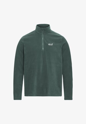 Fleece-Pullover in Dunkelgrün, mit einem Viertel-Reißverschluss am Kragen und langen Ärmeln. Zeigt ein kleines weißes Logo auf der linken Brust.