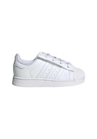 White sneaker with a smooth leather upper, rounded toe, lace closure, and three perforated stripes on the side. Rubber sole.