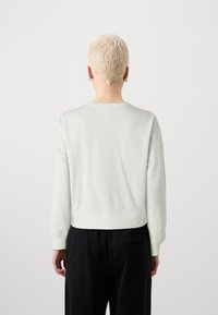 Hanorac gri deschis cu manșete și tiv ribbate, textură moale și design cu guler rotund. Purtați cu pantaloni negri, văzându-se din spate.