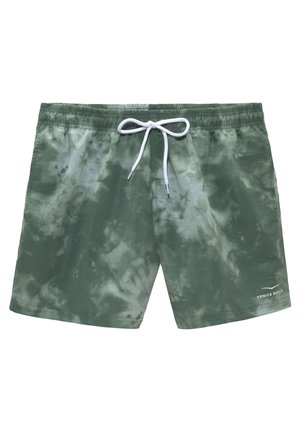 Zielone kąpielówki w stylu tie-dye z elastycznym paskiem w talii, białym sznurkiem i małym logiem "Venice Beach" w prawym dolnym rogu.