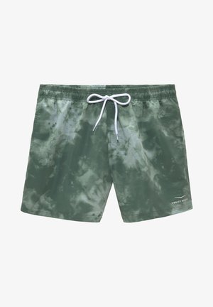 Zielone kąpielówki w stylu tie-dye z elastycznym paskiem w talii, białym sznurkiem i małym logiem "Venice Beach" w prawym dolnym rogu.