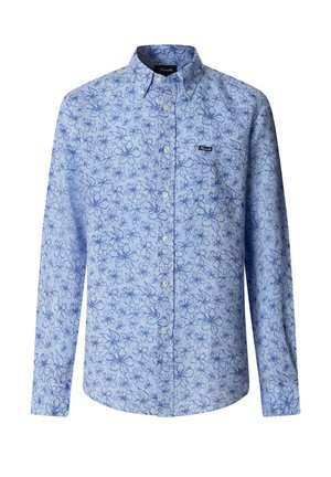 Camicia azzurra a maniche lunghe con bottoni, stampa floreale blu scuro e piccola toppa con marchio sulla tasca sinistra del petto.