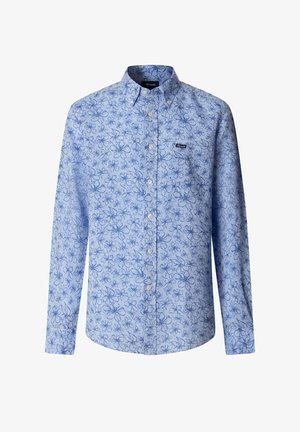 Camicia azzurra a maniche lunghe con bottoni, stampa floreale blu scuro e piccola toppa con marchio sulla tasca sinistra del petto.