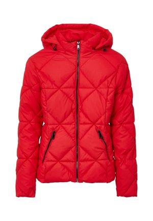 Rote gesteppte Daunenjacke mit Kapuze, ausgestattet mit einem durchgehenden Reißverschluss und zwei Reißverschlusstaschen auf der Vorderseite. Hergestellt aus einem glatten, synthetischen Material.