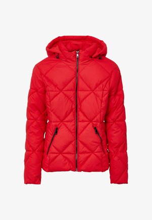 Giacca in nylon trapuntata rossa con cappuccio, dotata di una zip a tutta lunghezza e due tasche frontali con zip. Realizzata in un materiale sintetico liscio.
