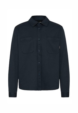 Camicia blu scuro a maniche lunghe con chiusura a bottoni, due tasche sul petto e collo con risvolto, realizzata in tessuto strutturato.