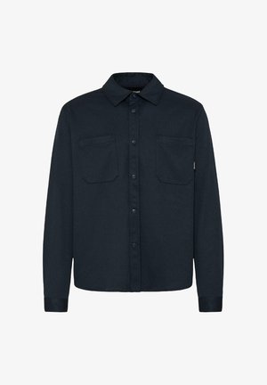 Mørkeblå langærmet skjorte med knaplukning foran, to brystlommer og krave i tekstureret stof.