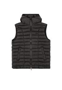 Črn puffer telovnik z zadrgo spredaj, kapuco in dvema stranskima žepoma. Ima prešito zasnovo in gladko teksturo. Minimalno blagovno znamko na prsih.