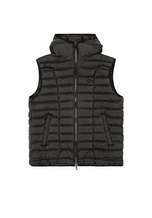 Gilet rembourré noir avec une fermeture éclair sur le devant, une capuche et deux poches latérales. Caractéristiques d'un design matelassé et d'une texture lisse. Branding minimal sur la poitrine.
