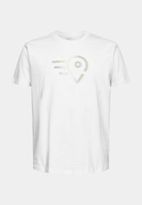 T-shirt en coton blanc avec un motif graphique aux accents gris et jaunes. Manches courtes, col rond, coupe décontractée.